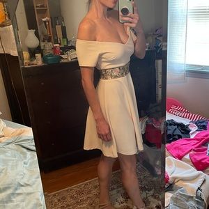 New Look Blush Pink off-the-shoulder skater dress